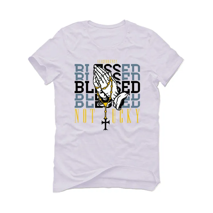 AIR JORDAN 13 “BLUE GREY” | illcurrency White T-Shirt (Blessed not lucky)