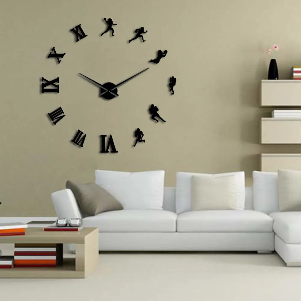 American Football Players DIY Giant Wall Clock Rugby Fans Sports Room Wall Decor Modern Design Large Frameless Clock Wall Watch