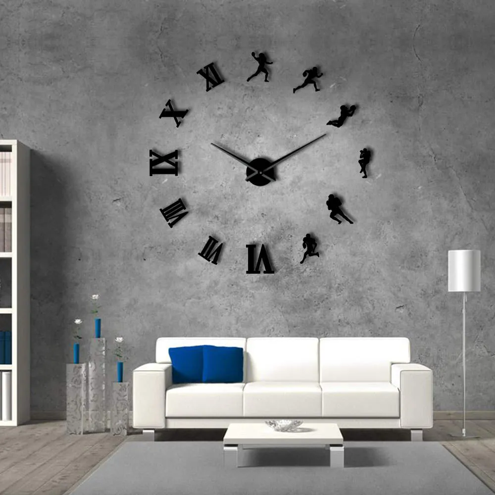 American Football Players DIY Giant Wall Clock Rugby Fans Sports Room Wall Decor Modern Design Large Frameless Clock Wall Watch