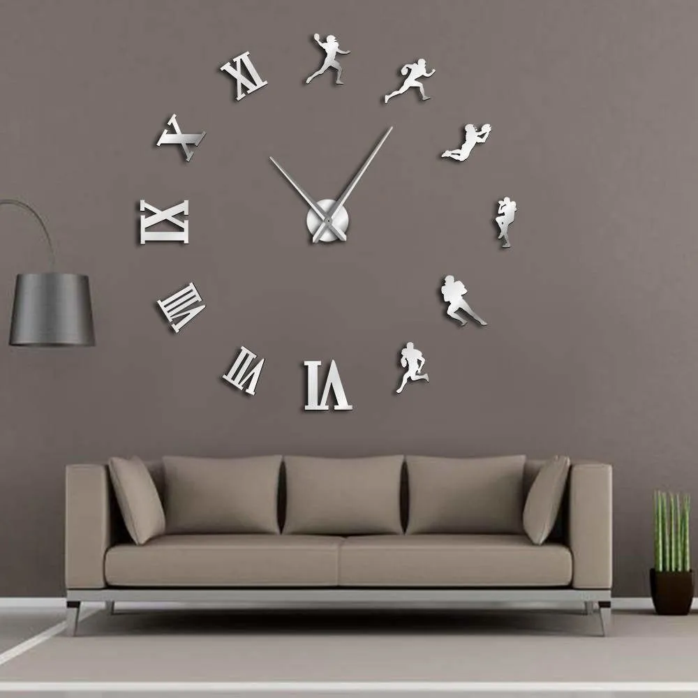 American Football Players DIY Giant Wall Clock Rugby Fans Sports Room Wall Decor Modern Design Large Frameless Clock Wall Watch