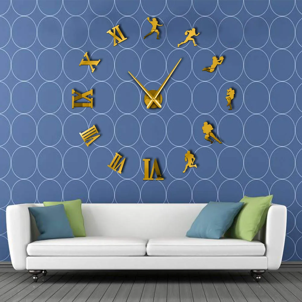 American Football Players DIY Giant Wall Clock Rugby Fans Sports Room Wall Decor Modern Design Large Frameless Clock Wall Watch