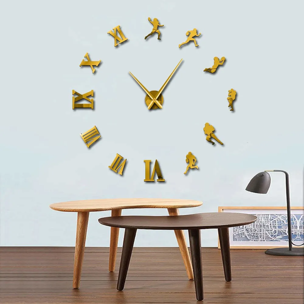 American Football Players DIY Giant Wall Clock Rugby Fans Sports Room Wall Decor Modern Design Large Frameless Clock Wall Watch