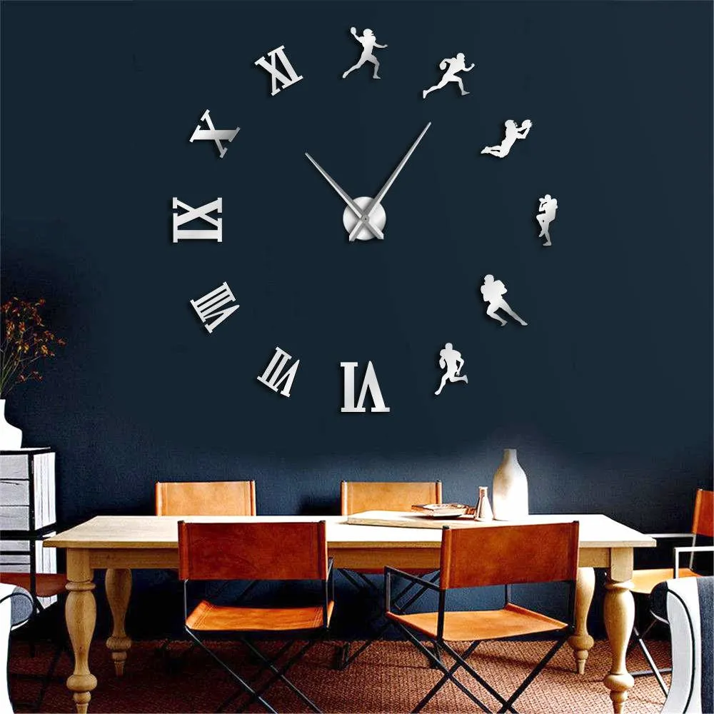 American Football Players DIY Giant Wall Clock Rugby Fans Sports Room Wall Decor Modern Design Large Frameless Clock Wall Watch