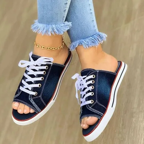 Amozae-Back to school   Ladies Peep Toe Flat Slipper 2024 Women Canvas Woman Lace Up New Women's Casual Female Fashion Denim Beach Shoes Plus Size 35-43