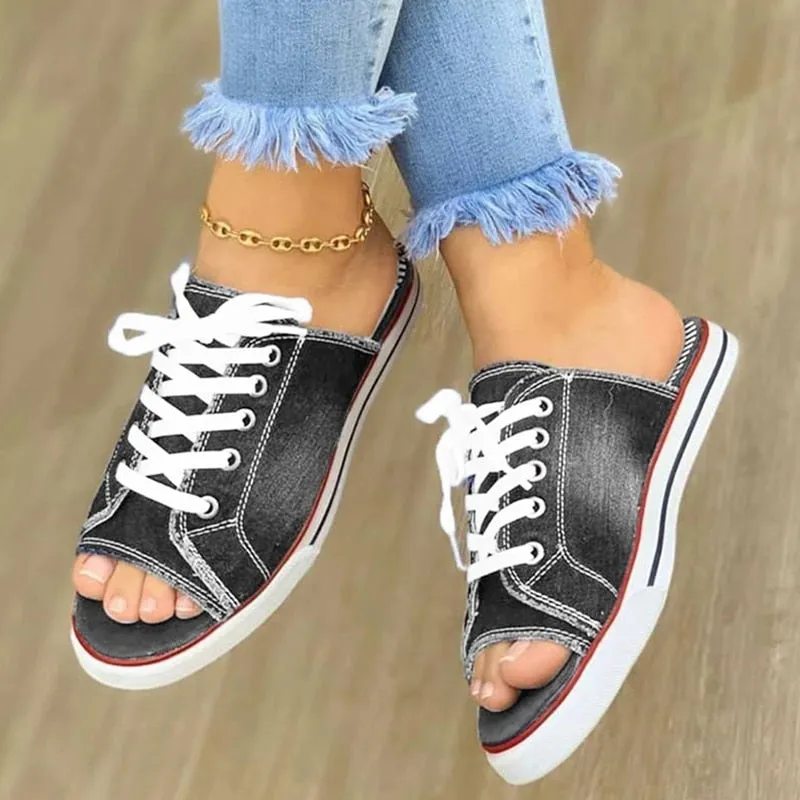 Amozae-Back to school   Ladies Peep Toe Flat Slipper 2024 Women Canvas Woman Lace Up New Women's Casual Female Fashion Denim Beach Shoes Plus Size 35-43
