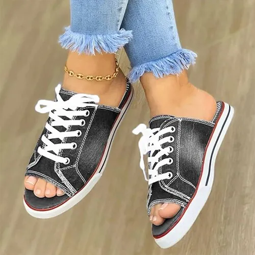 Amozae-Back to school   Ladies Peep Toe Flat Slipper 2024 Women Canvas Woman Lace Up New Women's Casual Female Fashion Denim Beach Shoes Plus Size 35-43