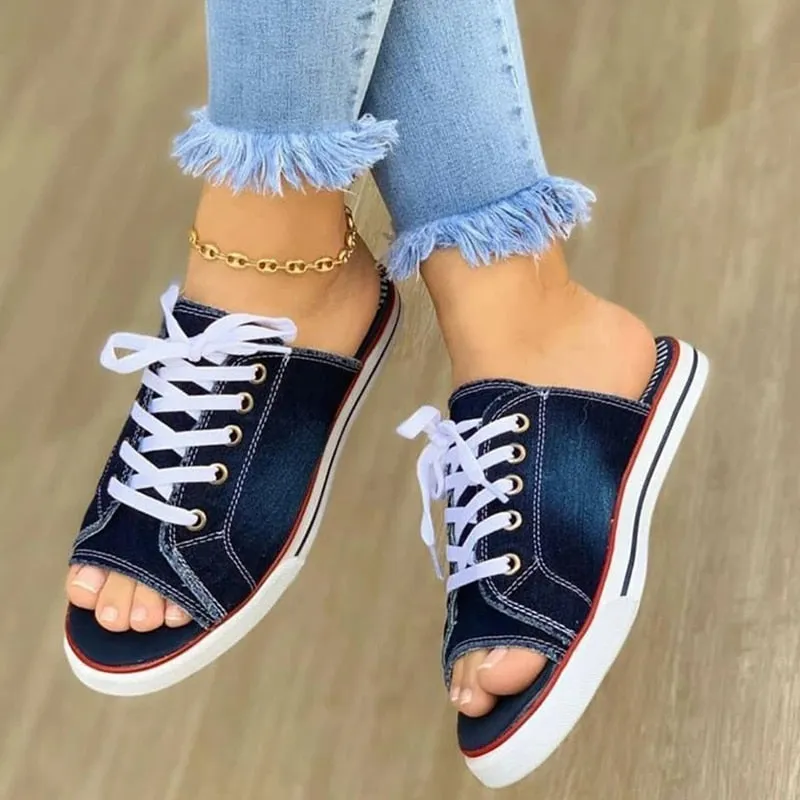 Amozae-Back to school   Ladies Peep Toe Flat Slipper 2024 Women Canvas Woman Lace Up New Women's Casual Female Fashion Denim Beach Shoes Plus Size 35-43