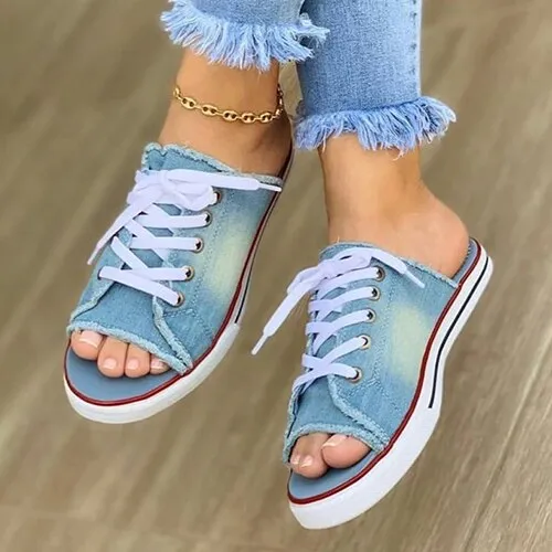 Amozae-Back to school   Ladies Peep Toe Flat Slipper 2024 Women Canvas Woman Lace Up New Women's Casual Female Fashion Denim Beach Shoes Plus Size 35-43