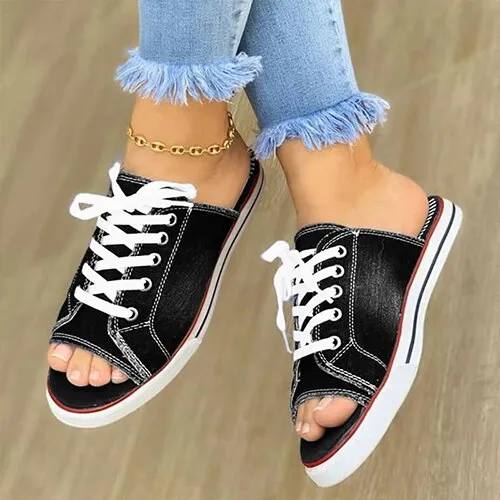 Amozae-Back to school   Ladies Peep Toe Flat Slipper 2024 Women Canvas Woman Lace Up New Women's Casual Female Fashion Denim Beach Shoes Plus Size 35-43