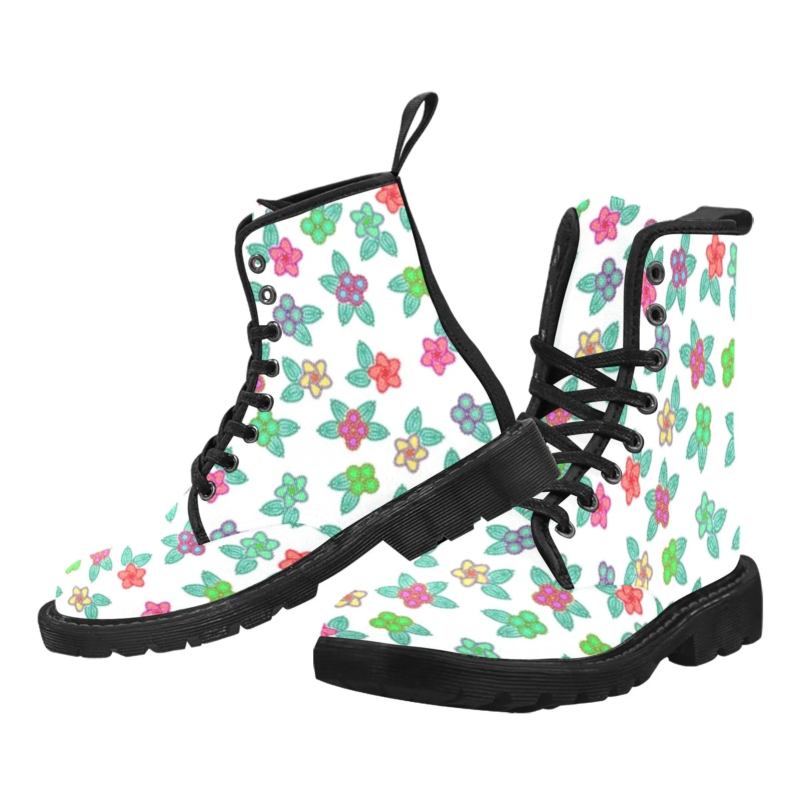 Berry Flowers White Boots for Women (Black)