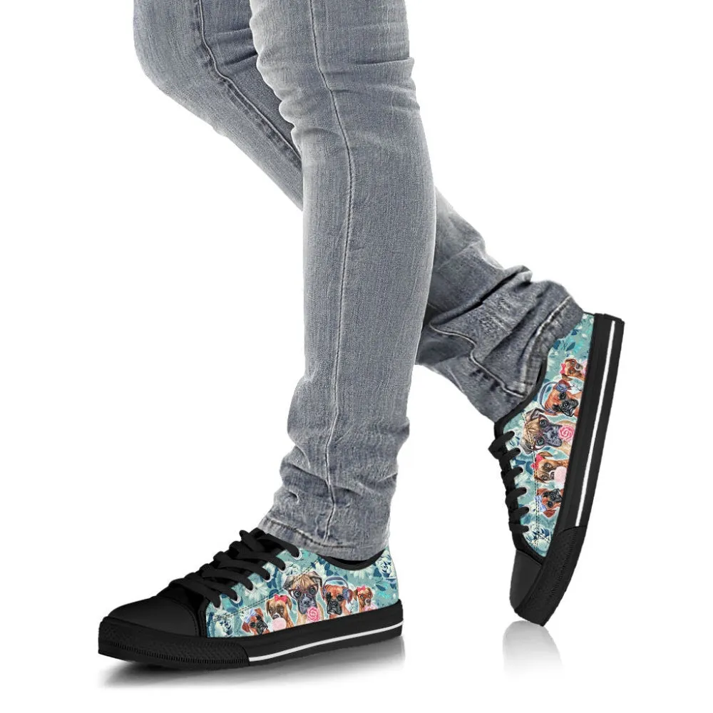 Boxer Dog Turquoise Pattern Low Top Shoes Canvas Sneakers, Dog Printed Shoes, Canvas Shoes For Men, Women