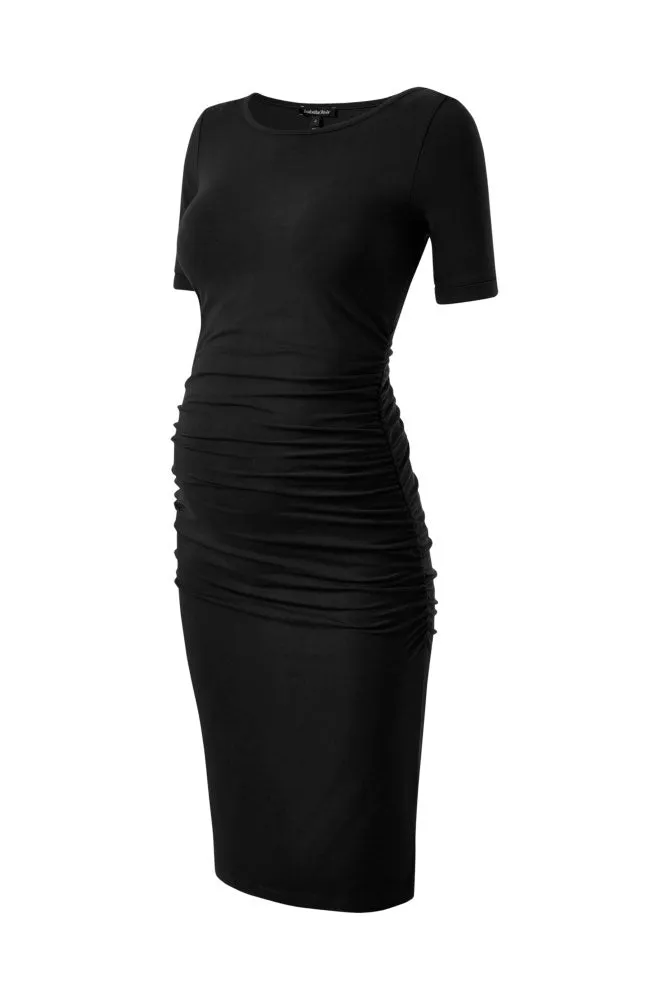 Capped Sleeve Ruched Maternity Dress in Caviar Black