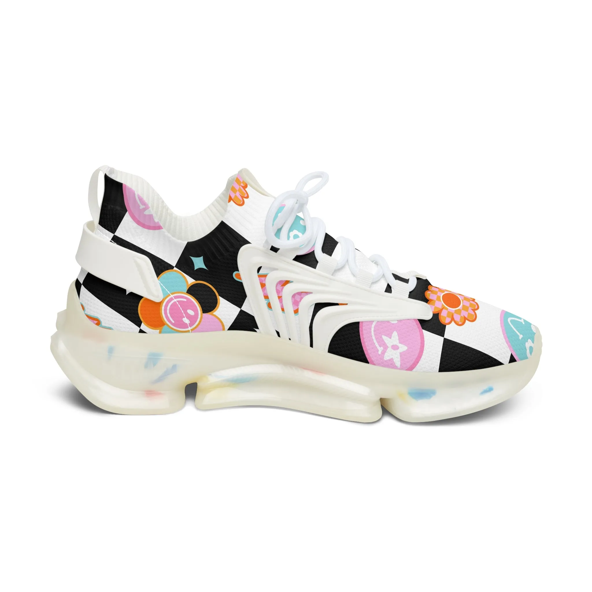 Checkered Smile and Pattern Women's Mesh Sneakers