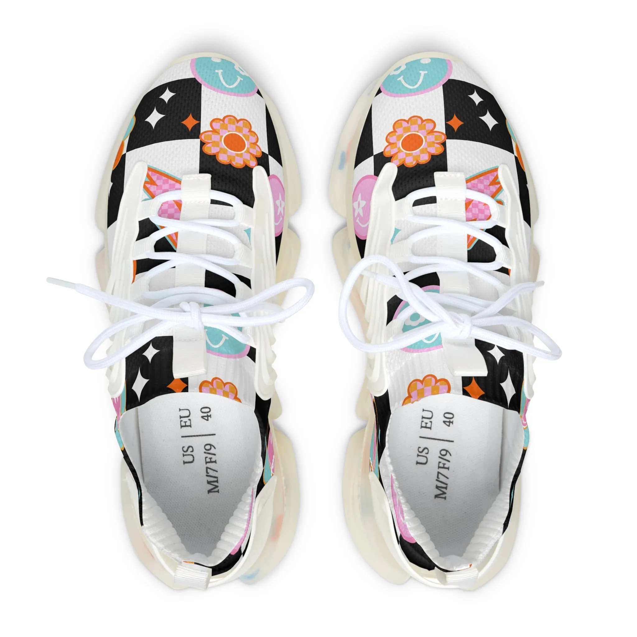 Checkered Smile and Pattern Women's Mesh Sneakers