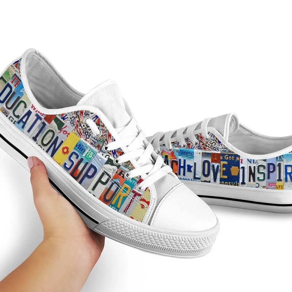 Education Support Inspire License Plates Low Top Shoes, Teacher Shoes, Low Top Sneakers