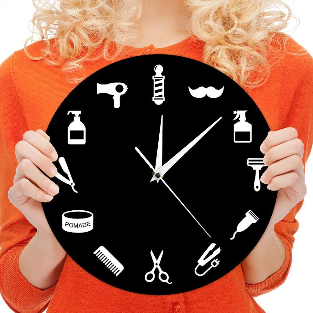 Hairstylist Business Wall Sign Barber Tools Designed Wall Clock Salon Artist Home Decor Barber Shop Pole Beauty Salon Wall Clock