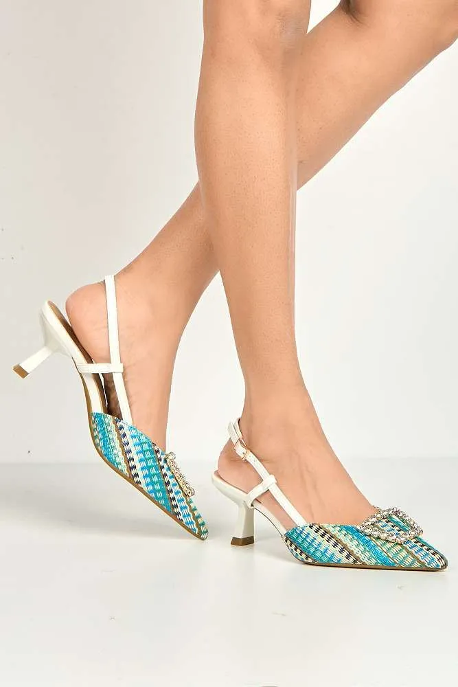 Nora Brooch Detail Textured Slingback Court Shoes in White
