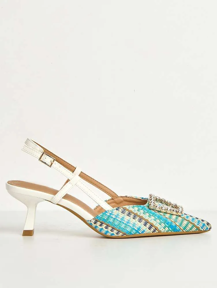 Nora Brooch Detail Textured Slingback Court Shoes in White