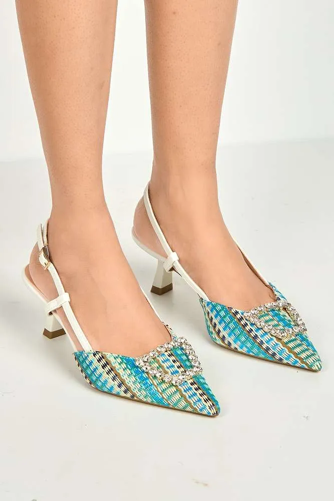 Nora Brooch Detail Textured Slingback Court Shoes in White