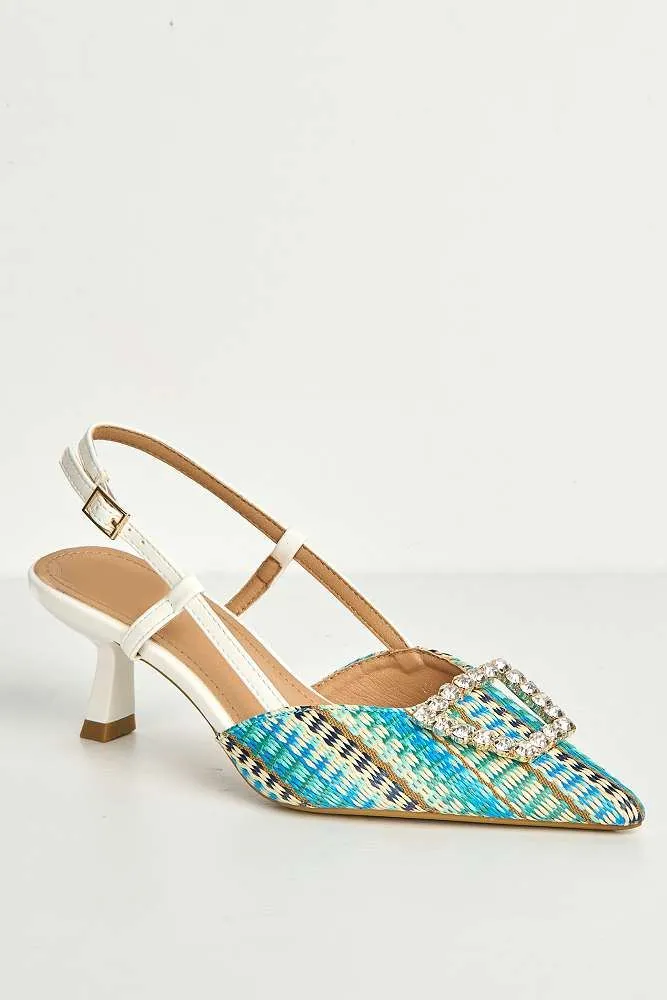 Nora Brooch Detail Textured Slingback Court Shoes in White