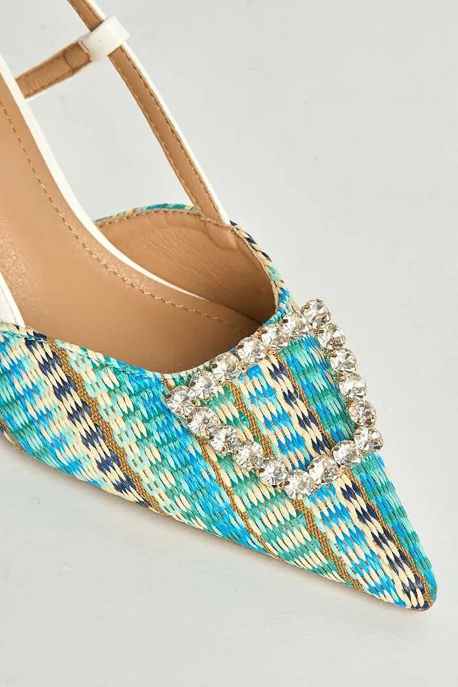 Nora Brooch Detail Textured Slingback Court Shoes in White