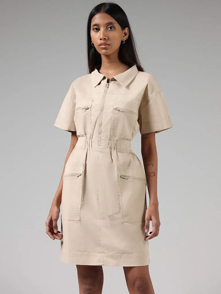 Nuon Solid Beige Cotton Blend Zip Dress
