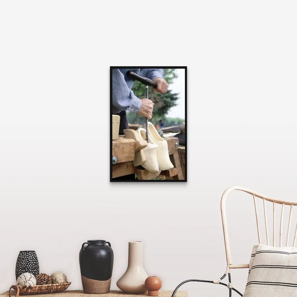 "Making wooden shoes, Tulip Festival, Holland, MI" Black Float Frame Canvas Art