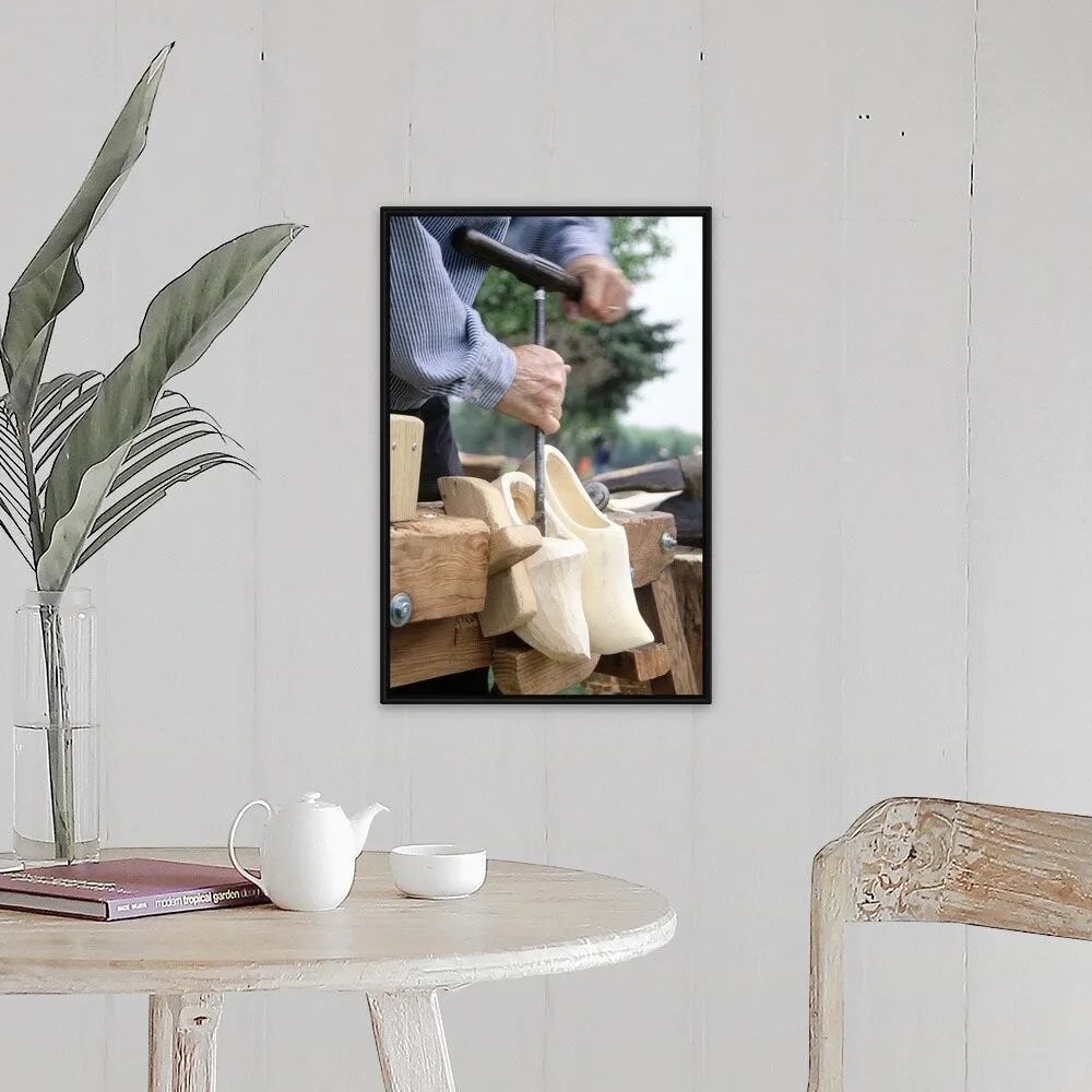 "Making wooden shoes, Tulip Festival, Holland, MI" Black Float Frame Canvas Art