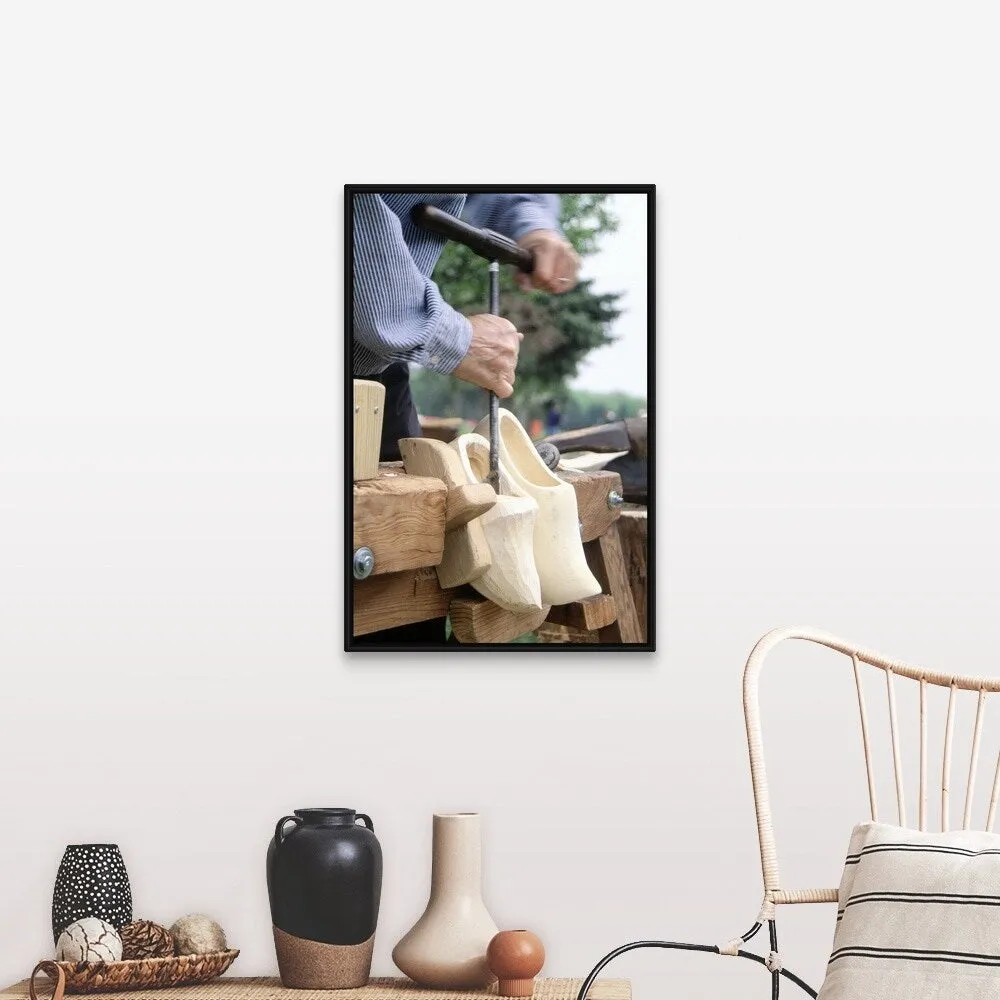 "Making wooden shoes, Tulip Festival, Holland, MI" Black Float Frame Canvas Art