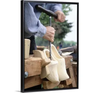 "Making wooden shoes, Tulip Festival, Holland, MI" Black Float Frame Canvas Art
