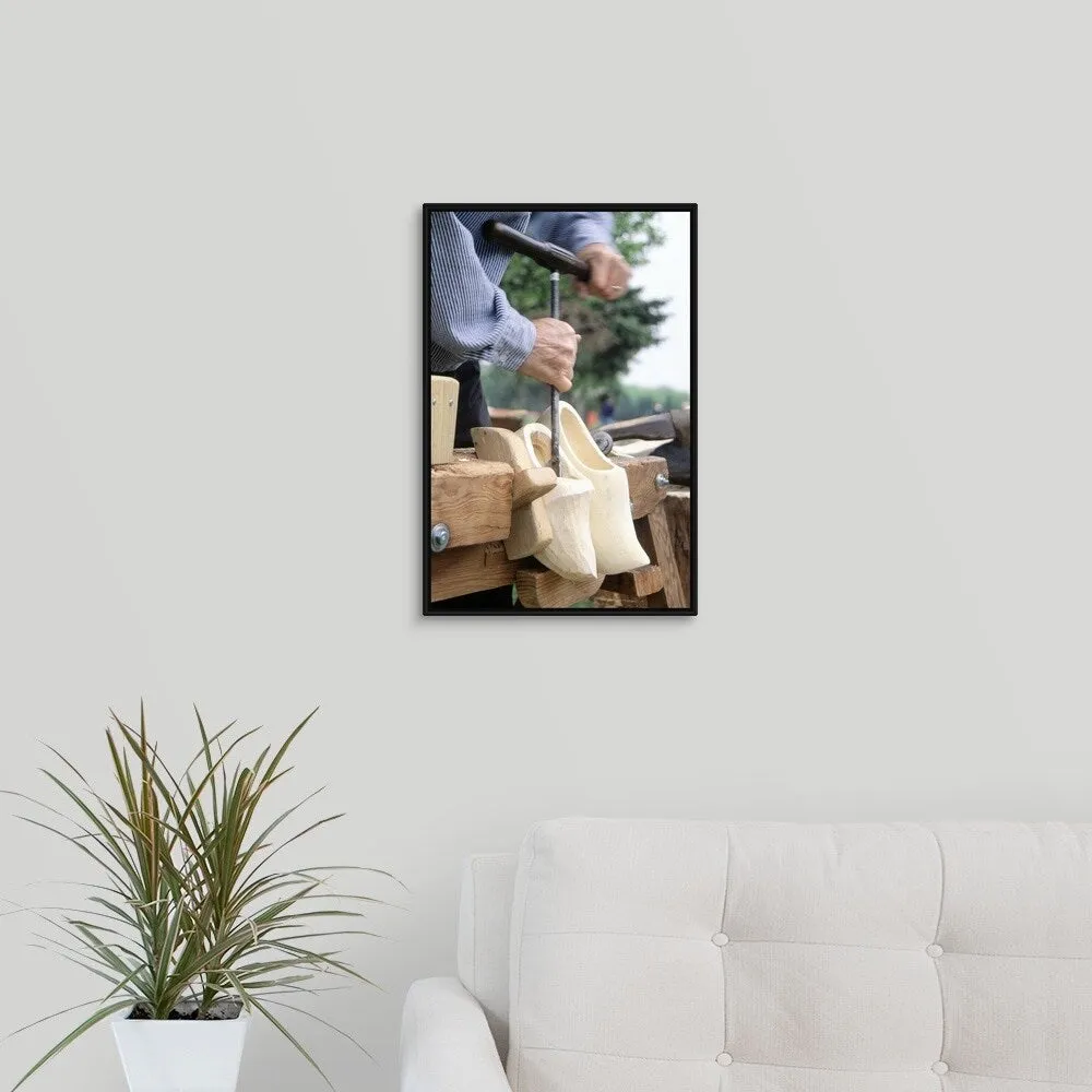 "Making wooden shoes, Tulip Festival, Holland, MI" Black Float Frame Canvas Art