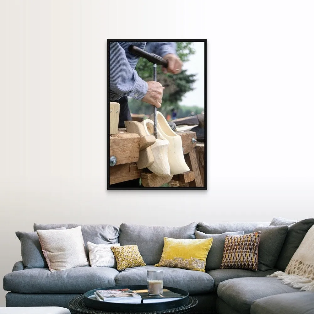 "Making wooden shoes, Tulip Festival, Holland, MI" Black Float Frame Canvas Art