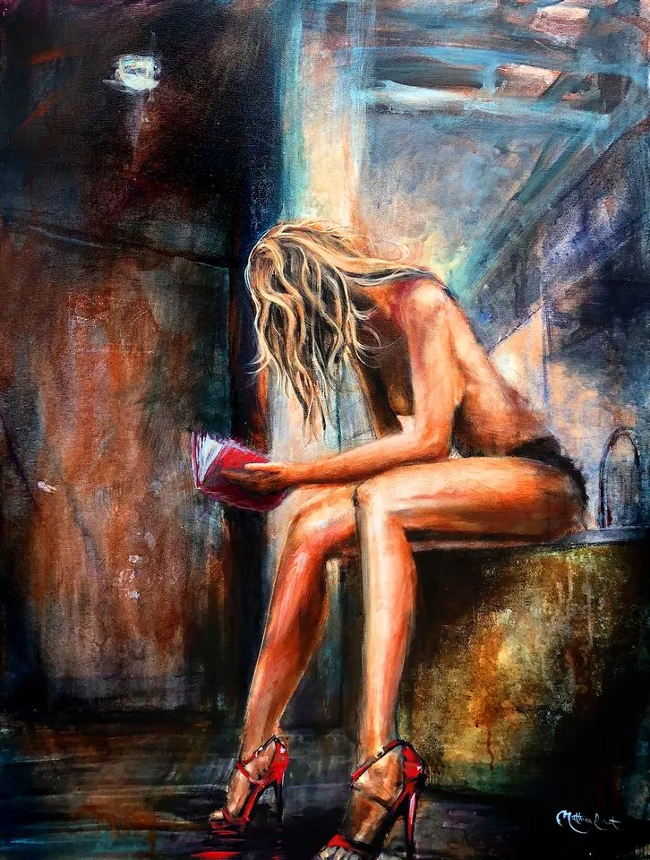 Red heels la liseuses  / painted  by the artist confetti, modern, red shoes, woman reading