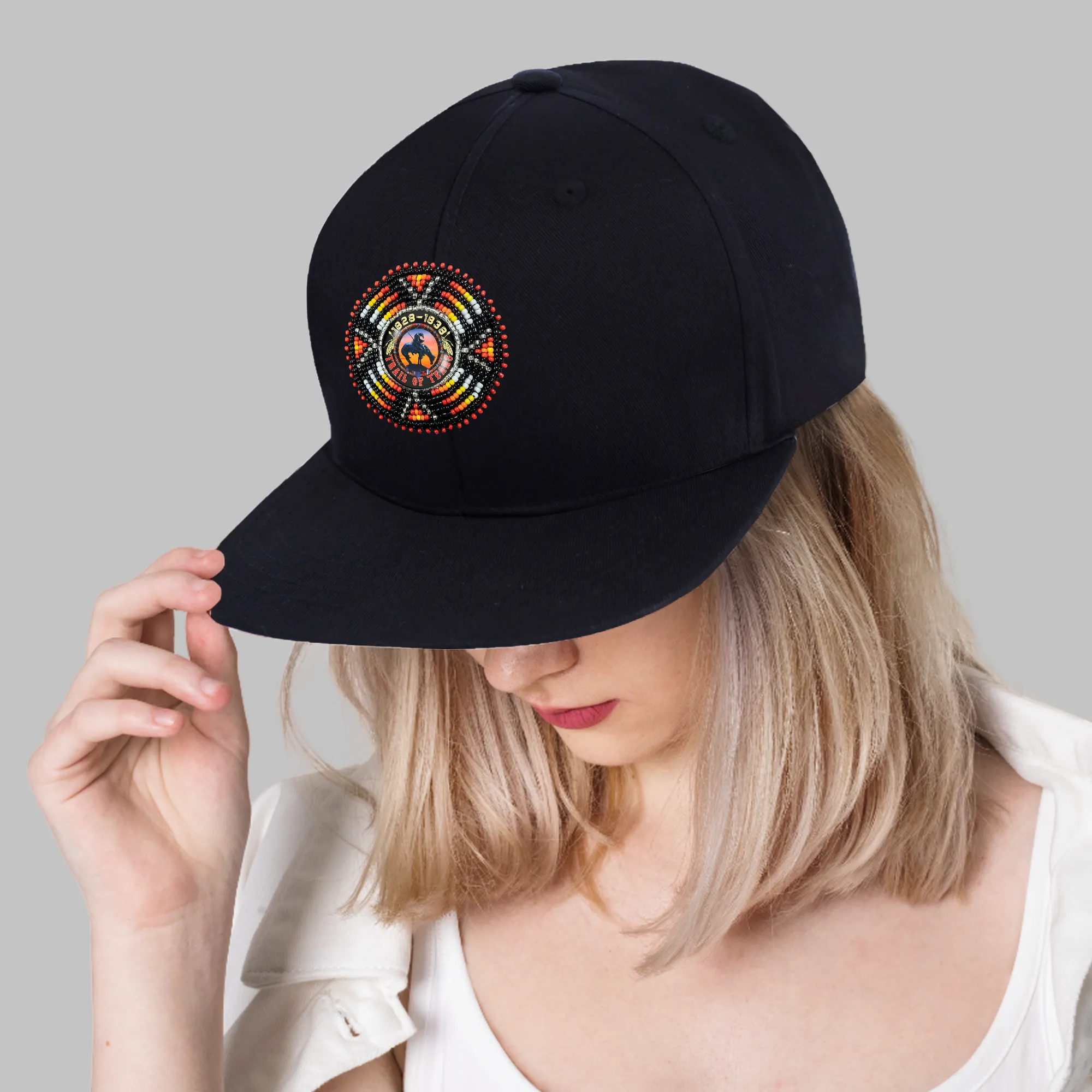 SALE 50% OFF - Trail of Tears Beaded Sunburst Beaded Snapback With Patch Cotton Cap Unisex Native American Style