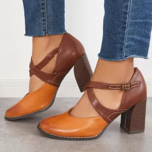 Sohiwoo woman formal Vintage Color Block Chunky Mid Heels Shoes