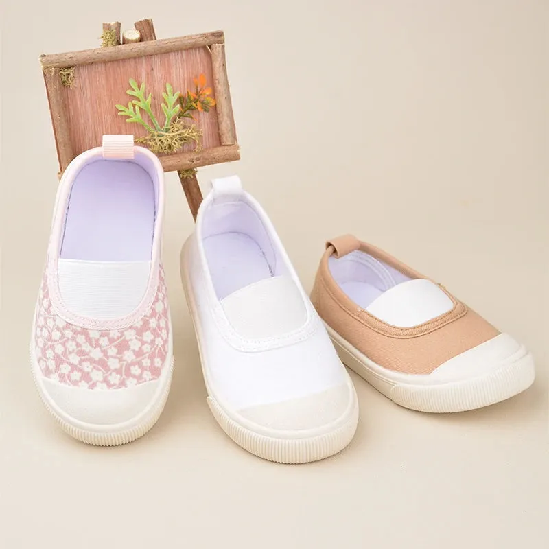 Spring Little Girls Lovely Pink Flower Printed Flat Canvas Shoes Kids Slip-on White Blank Daily  Casual Walking Shoes EK9S43