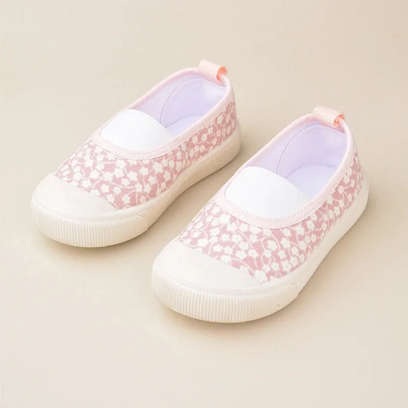 Spring Little Girls Lovely Pink Flower Printed Flat Canvas Shoes Kids Slip-on White Blank Daily  Casual Walking Shoes EK9S43