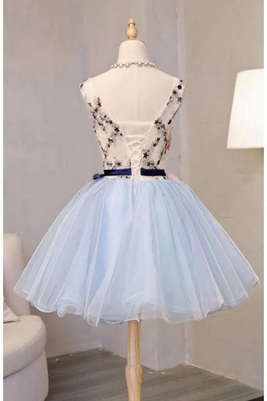 Vintage Light Blue Flower Short Princess Homecoming Dress Party Dresses, Mini Dress UQ2178