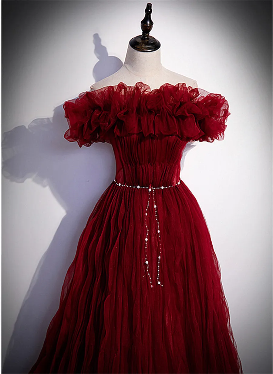 Wine Red Scoop Long Party Dress with Belt, A-line Wine Red Tulle Formal Dress