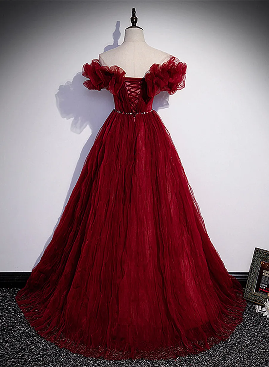 Wine Red Scoop Long Party Dress with Belt, A-line Wine Red Tulle Formal Dress