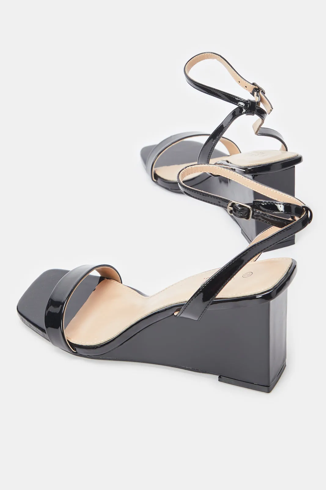 Women Shiny Black Patent Wedges